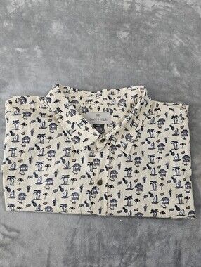 OAK HILL Men 4XL Short Sleeve Button Up Shirt Navy/beige Sailboat Palm Tree